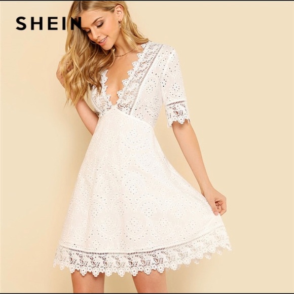 NWOT Eyelet White Cotton Plunging Dress - Picture 1 of 5
